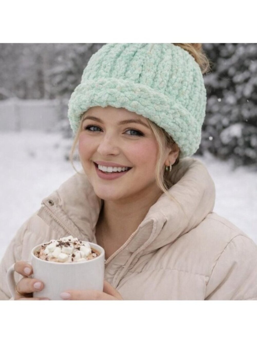Handmade Mint Green Messy Bun Stocking Cap
